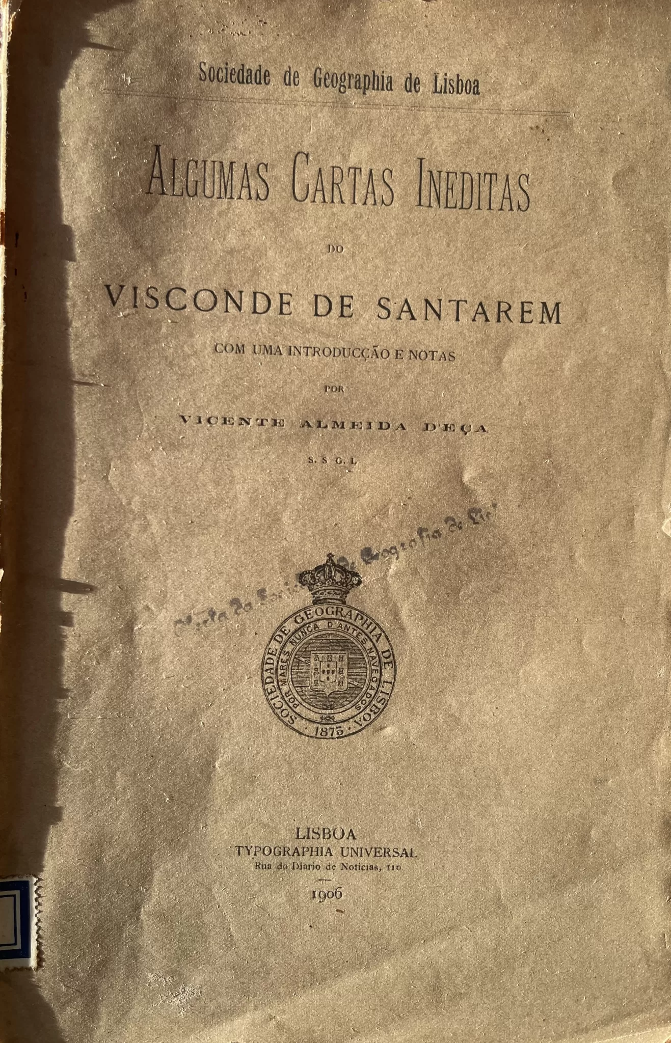 Figura 9 Livro de correspondencia do Visconde de Santarem onde consta carta a Francisco Varnhagen descrevendo o termo Cartografia pela primeir